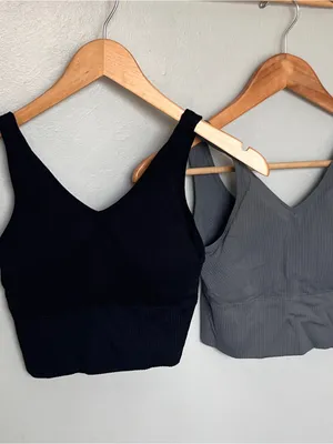 Pro-Fit Seamless Ribbed V-Neck Bralette - Black & Gray Large thumbnail 5