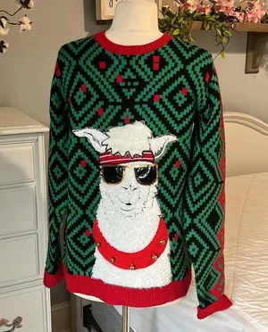 Christmas Jolly Sweater Llama Jingle Bell Green Red Sequins Ugly Oversized thumbnail 6