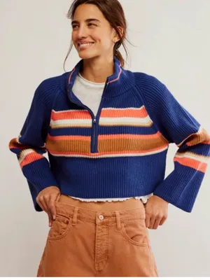 Free People Cropped Navy Stripe Half-Zip Turtleneck Sweater thumbnail 1