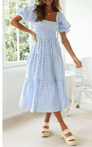 NEW Plaid Square Neck Puff Sleeve Ruffle Flowy Beach Midi Dress XL thumbnail 5