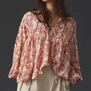 By Anthropologie peasant blouse off white‎ & red tie collar women's size small thumbnail 1