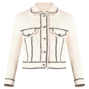 Veronica Beard Cotton Blend Pale Pink Tweed Fringed Blazer with Gray Trim S XS thumbnail 1
