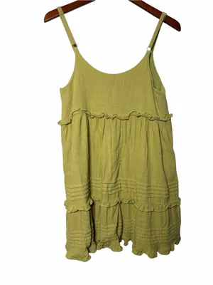 Olive Green Linen Blend Boho Tiered Ruffle Babydoll Mini Dress Small Sundress thumbnail 4