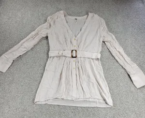 Free People Womens Belted‎ Top Medium Cream Solid Button Down Long Sleeve Blouse thumbnail 1