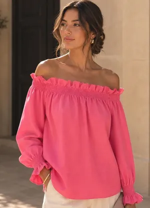 Tuckernuck Pink Off the Shoulder‎ Marguerite Blouse Ruffle Collar Women's Sz XS thumbnail 1