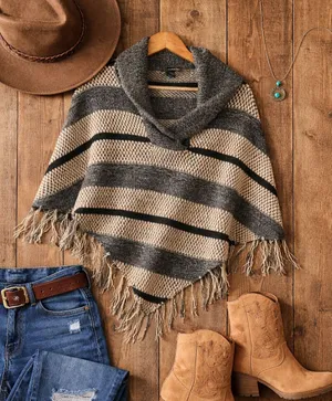 Western Boho Southwestern Fringe Poncho Sweater One Size Tan Gray Aztec Festival thumbnail 1