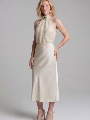 vintage Y2k Max Studio halter mock neck top cream sheer overlay Linen Resortwear thumbnail 2
