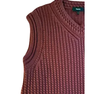 Theory Sweater Vest Womens Size S Plum Cable Knit Pullover Heavy Cotton V-Neck thumbnail 6