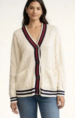 American Eagle Creamy Gray Varsity Cable Knit Button Cardigan - Size - Large thumbnail 1