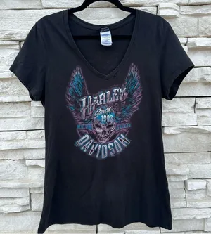 HARLEY-DAVIDSON H-D Pig Trail‎ Pink Purple Skull Wings Graphic V Neck Womens XL thumbnail 1