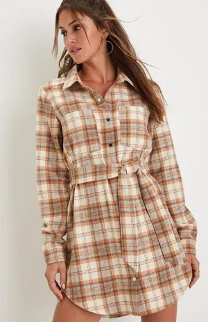 Lulus Plaid Behavior Ivory and Brown Plaid Long Sleeve Mini Dress thumbnail 2