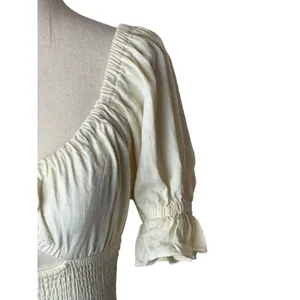 Sabo Mini Dress Women XS Ivory Linen Blend Smocked Puff Sleeve Boho Peasant thumbnail 6