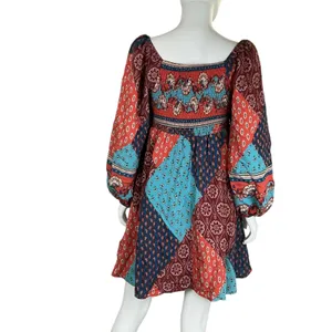 Merci Patchwork Square Neck Long Sleeve Mini Dress Blue Orange‎ M thumbnail 5