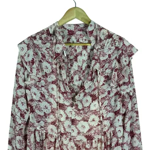 Free People Floral Babydoll Ruffle Mini Dress Burgundy Boho Pintuck Size S thumbnail 4
