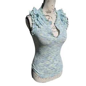 By Anthropologie -641 Crochet Ruffle Tank Top Sleeveless Knit‎ Blue Size Small thumbnail 5