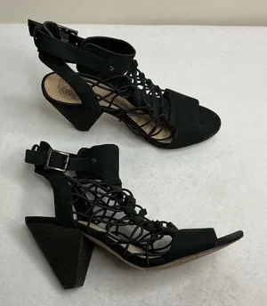 Vince Camuto Black Suede Cage Lace Up Block Heel Sandals Women thumbnail 1