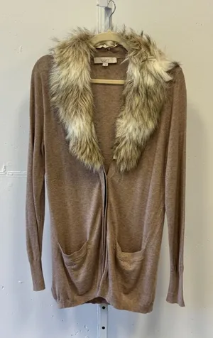Loft Faux Fur Collar Open Front Cardigan Tan Heather Knit Pockets Large Neutral thumbnail 1