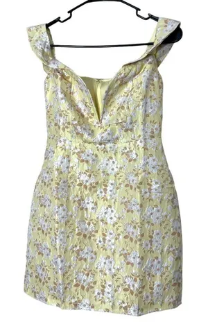 Lulus Favorite Song‎ Yellow Floral Jacquard Off-The Shoulder Mini Dress S NWT thumbnail 1