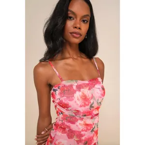 Lulus Blossoming Excellence Pink Floral Mesh Ruched Midi Dress Party XS NWT thumbnail 3