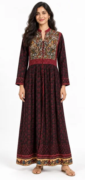 Biba Indian Printed Button Front Half Collar Long Sleeve Maxi Dress thumbnail 1
