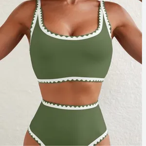 NEW Women's Olive Green Two Piece High Waist Bikini Swimsuit Size L #26045 thumbnail 1