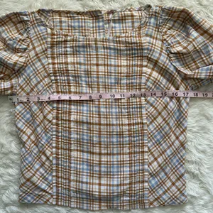 Free People Top Button Back Puff Sleeve Plaid Tan Blue S thumbnail 8