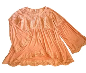 Free People Peach Embroidered Boho Tunic Top Small Sequin Eyelet Bell Sleeve thumbnail 1