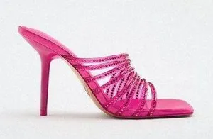 ZARA Hot Pink Rhinestone Embellished Vinyl Sequin Strappy Open Square Toe High Heels Sandals Mules thumbnail 9