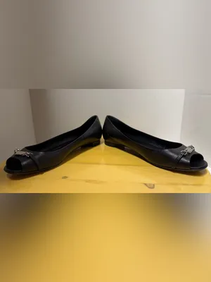Gucci Salandia Black Leather Peep Toe Flats Silver Chain Logo Accent thumbnail 9