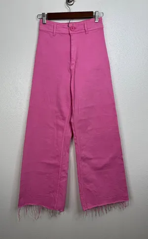 Zara Pink High Waisted Wide Leg Jeans Raw Hem Size‎ 2 Denim Pants thumbnail 1