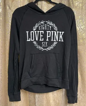 PINK Victorias Secret Black Love Pink Eighty Six Pullover Hoodie Medium thumbnail 1