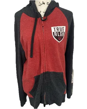 Unisex Raglan True Religion Sz M Red Zip Up Hoodie Sweatshirt thumbnail 9