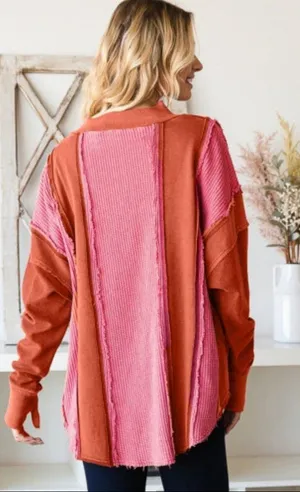 NEW Red and Pink Waffle Knit Exposed Seam Patchwork Top Size M thumbnail 5