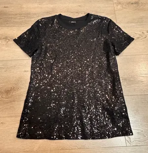 DKNY‎ Black Sequin Short Sleeve T-Shirt Top Womens Size Small S Sparkle Glam thumbnail 1