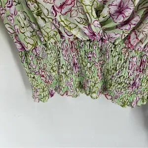Zara‎ Chiffon Floral Print Surplice Neck V Neck Shirred Waist Peasant Sleeve Top thumbnail 6