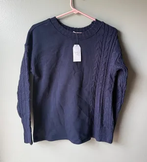 NWT Cable Knit Mixed Media Sweater Navy Blue Crewneck Cozy‎ Women’s Small thumbnail 1