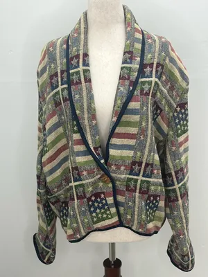 New Identity Vintage Americana Stars Stripes Womens Tapestry Blazer Jacket XL thumbnail 2