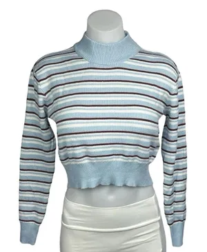 PacSun L.A. Hearts Blue Striped Long Sleeve Mock Neck Crop Sweater Top Size S thumbnail 1