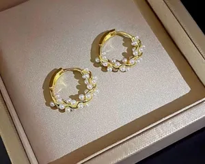18K Gold Plated White Pearl Hoop Earrings for Women thumbnail 1