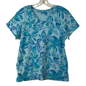 Fresh Produce Womens XL Blue Floral V-Neck Short Sleeve Cotton‎ T-Shirt Made USA thumbnail 1