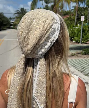 Zara Sequin Lace Pearl sparking Headscarf wrap embroidered festival boho hat thumbnail 2