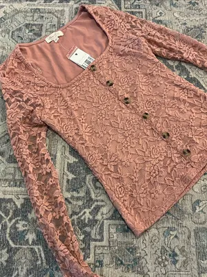 Ultra Flirt Dusty Rose Lace Button-Front Long Sleeve Top thumbnail 3