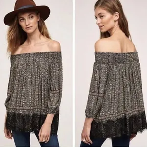 Anthropologie Black and Cream Off the Shoulder Lace Trim Western Boho Top Size S thumbnail 10