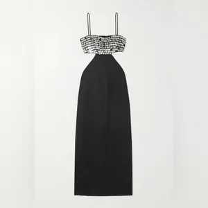 NEW NWT STAUD Jada Embellished Cutout Linen Maxi Dress In Black thumbnail 4