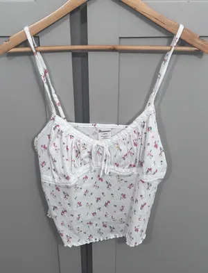 No Boundaries Floral Milkmaid Cami Top White Pink Lace Trim Cottagecore Large thumbnail 1