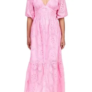 Sanctuary Ruffle Puff Sleeve Eyelet Maxi Dress Pink‎ Size 4 NWOT thumbnail 7