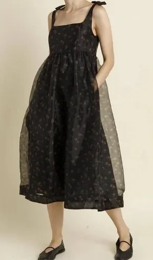 NWT Whimsigoth Floral Organza Midi Dress Black Rose Tie Shoulder‎ Smocked XS thumbnail 1