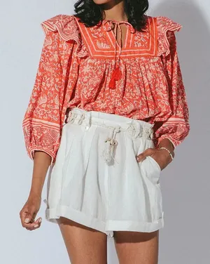 CLEOBELLA Mylah Blouse block print orange/red/white organic cotton top size xs thumbnail 1