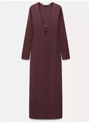 Zara Burgundy Long-Sleeve Plunge Midi Dress with Gold Accent thumbnail 2