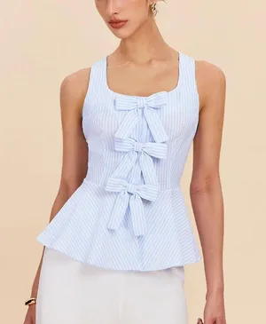 Commense Striped Peplum Top With Bow Details XS White thumbnail 1